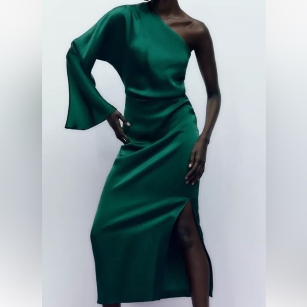 Zara Elegant Green One-Shoulder Dress - Picture 5 of 9
